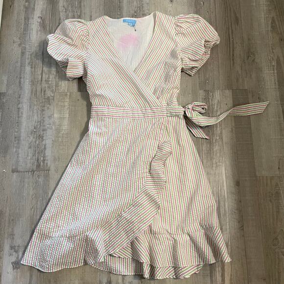 DRAPER JAMES RSVP Puff Sleeve Wrap Dress Ruffled Seersucker Striped Sz medium - Picture 13 of 16